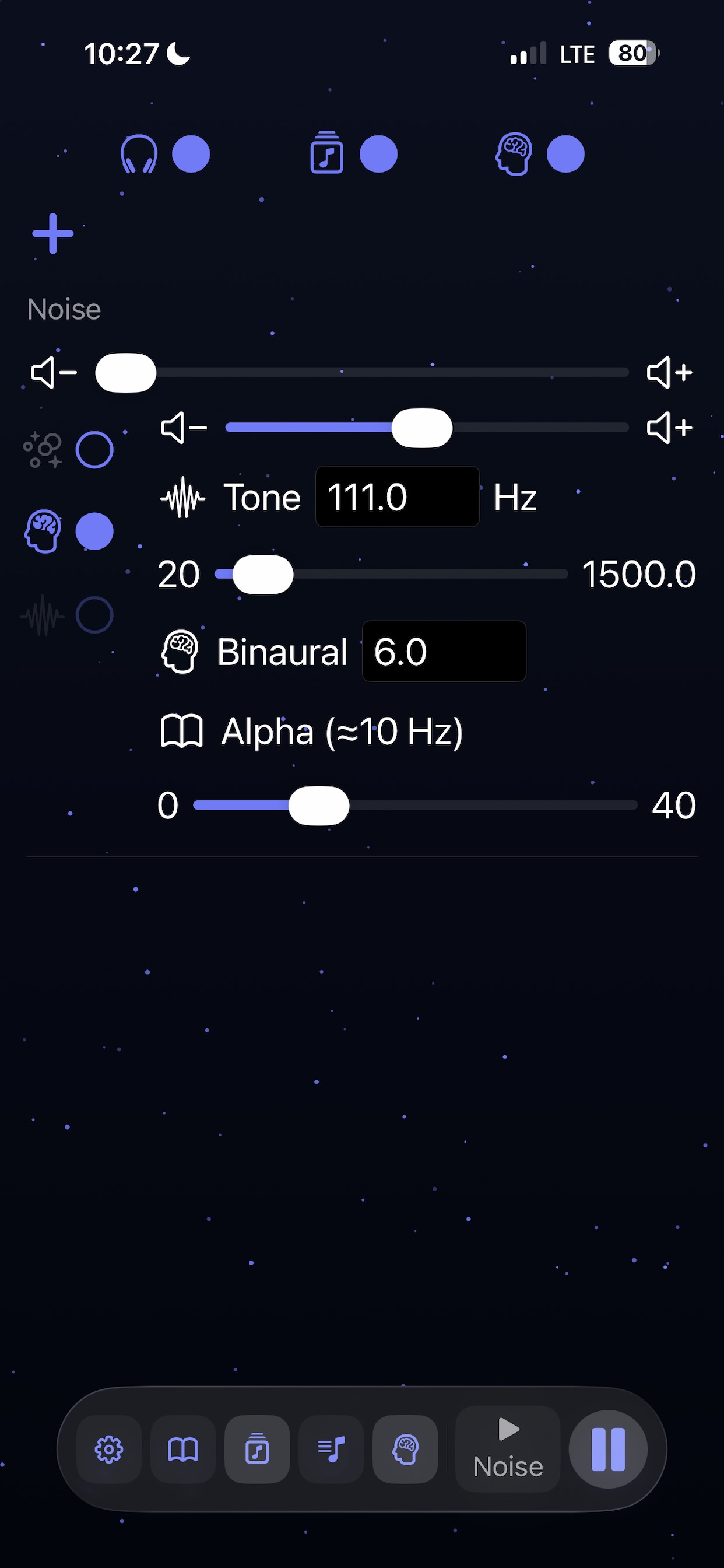 Binaura app screenshot showing session builder steps.